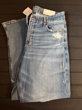American Eagle Outfitters Light Blue Straight Leg Jeans with Distressed Detail